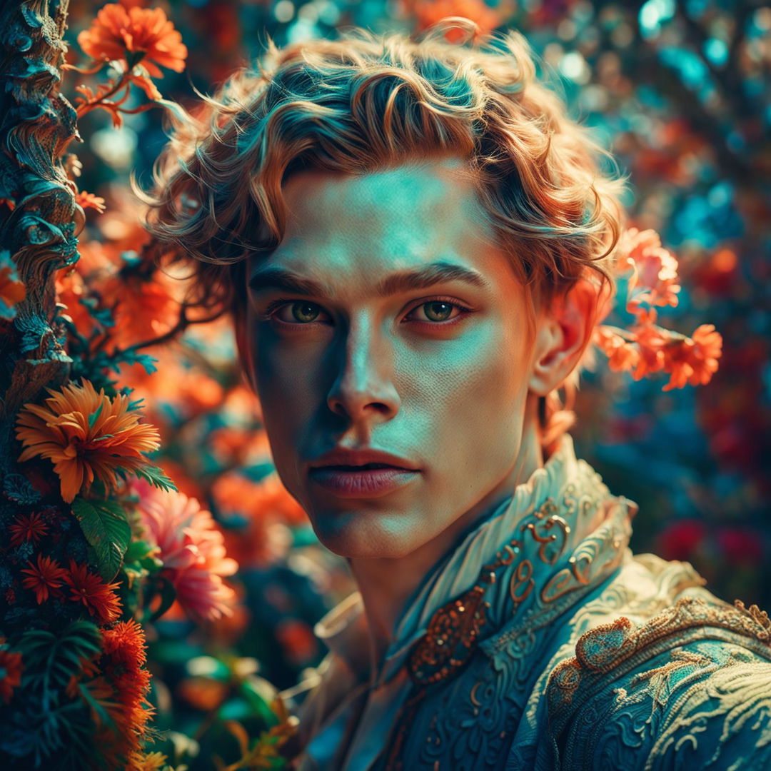 Intense close-up of a beautiful androgynous Russian man's highly detailed face in vibrant, mystical forest with Rococo vibes and flower aesthetic in hyper-realistic 3D photography.