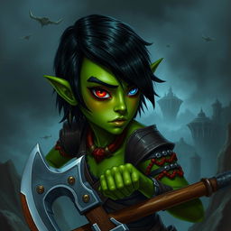 A female githyanki barbarian with green skin, a small upturned nose, one red eye and one blue eye