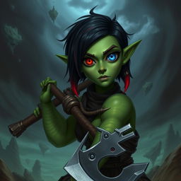 A female githyanki barbarian with green skin, a small upturned nose, one red eye and one blue eye