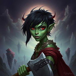 A female githyanki barbarian with green skin, a small upturned nose, one red eye and one blue eye