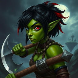 A female githyanki barbarian with green skin, a small upturned nose, one red eye and one blue eye