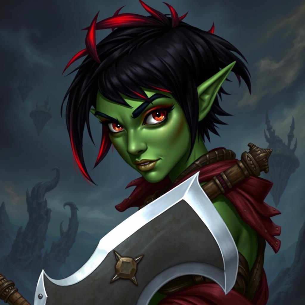 A female githyanki barbarian with green skin, a small upturned nose, one red eye and one blue eye