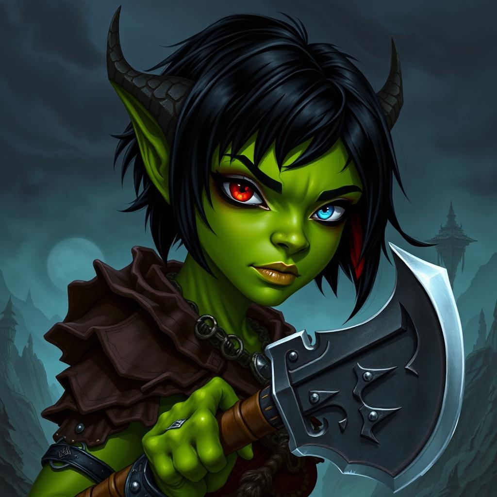 A female githyanki barbarian with green skin, a small upturned nose, one red eye and one blue eye