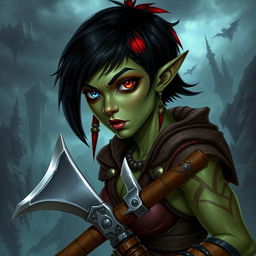 A female githyanki barbarian with green skin, a small upturned nose, one red eye and one blue eye