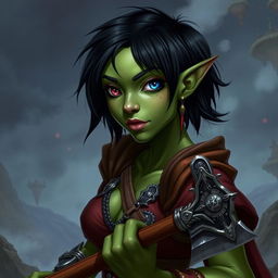 A female githyanki barbarian with green skin, a small upturned nose, one red eye and one blue eye