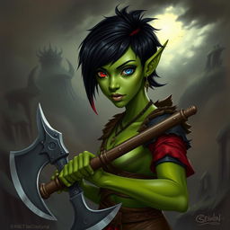 A female githyanki barbarian with green skin, a small upturned nose, one red eye and one blue eye