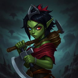 A female githyanki barbarian with green skin, a small upturned nose, one red eye and one blue eye