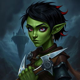 A female githyanki barbarian with green skin, a small upturned nose, one red eye and one blue eye