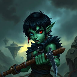 A female githyanki barbarian with green skin, a small upturned nose, one red eye and one blue eye