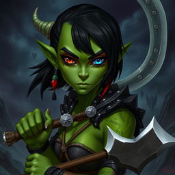 A female githyanki barbarian with green skin, a small upturned nose, one red eye and one blue eye