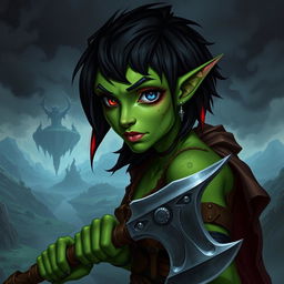 A female githyanki barbarian with green skin, a small upturned nose, one red eye and one blue eye