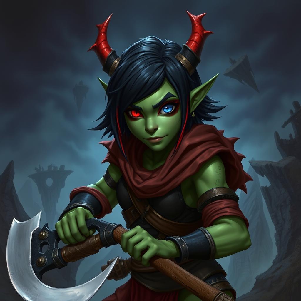 A female githyanki barbarian with green skin, a small upturned nose, one red eye and one blue eye