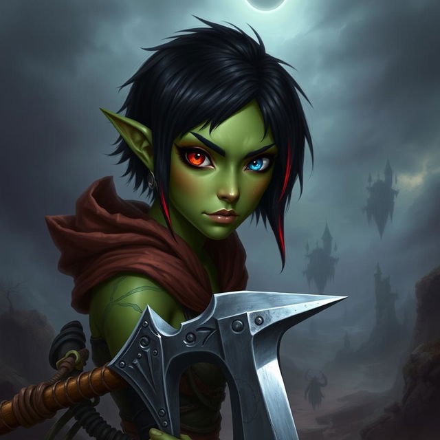 A female githyanki barbarian with green skin, a small upturned nose, one red eye and one blue eye