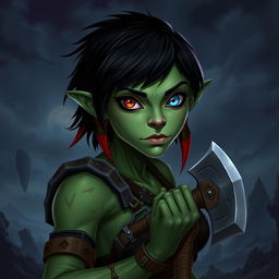 A female githyanki barbarian with green skin, a small upturned nose, one red eye and one blue eye