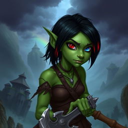 A female githyanki barbarian with green skin, a small upturned nose, one red eye and one blue eye