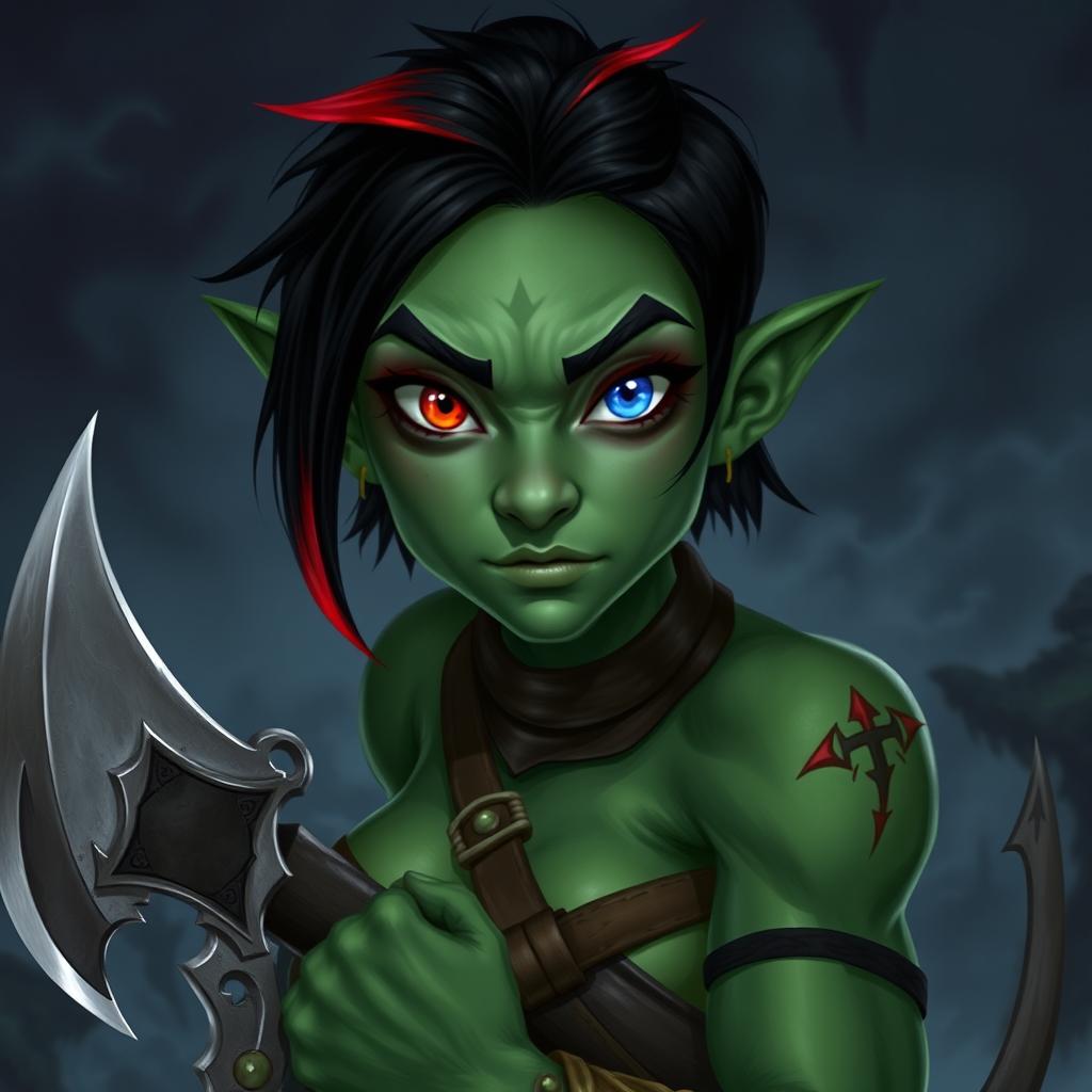 A female githyanki barbarian with green skin, a small upturned nose, one red eye and one blue eye