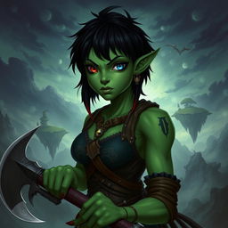 A female githyanki barbarian with green skin, a small upturned nose, one red eye and one blue eye