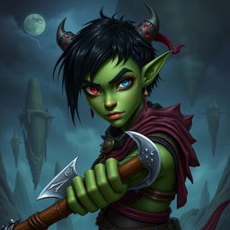 A female githyanki barbarian with green skin, a small upturned nose, one red eye and one blue eye