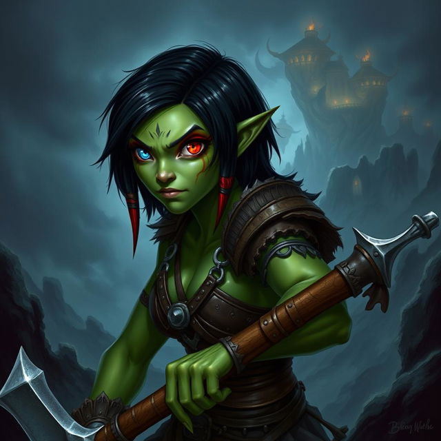 A female githyanki barbarian with green skin, a small upturned nose, one red eye and one blue eye