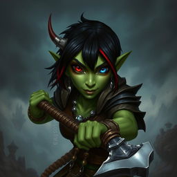 A female githyanki barbarian with green skin, a small upturned nose, one red eye and one blue eye