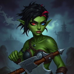 A female githyanki barbarian with green skin, a small upturned nose, one red eye and one blue eye