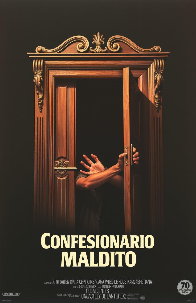 Cartel de una película de terror española de los años 70 titulada 'Confesionario maldito', mostrando un confesionario gótico del cual se asoma una garra con uñas afiladas y ensangrentadas