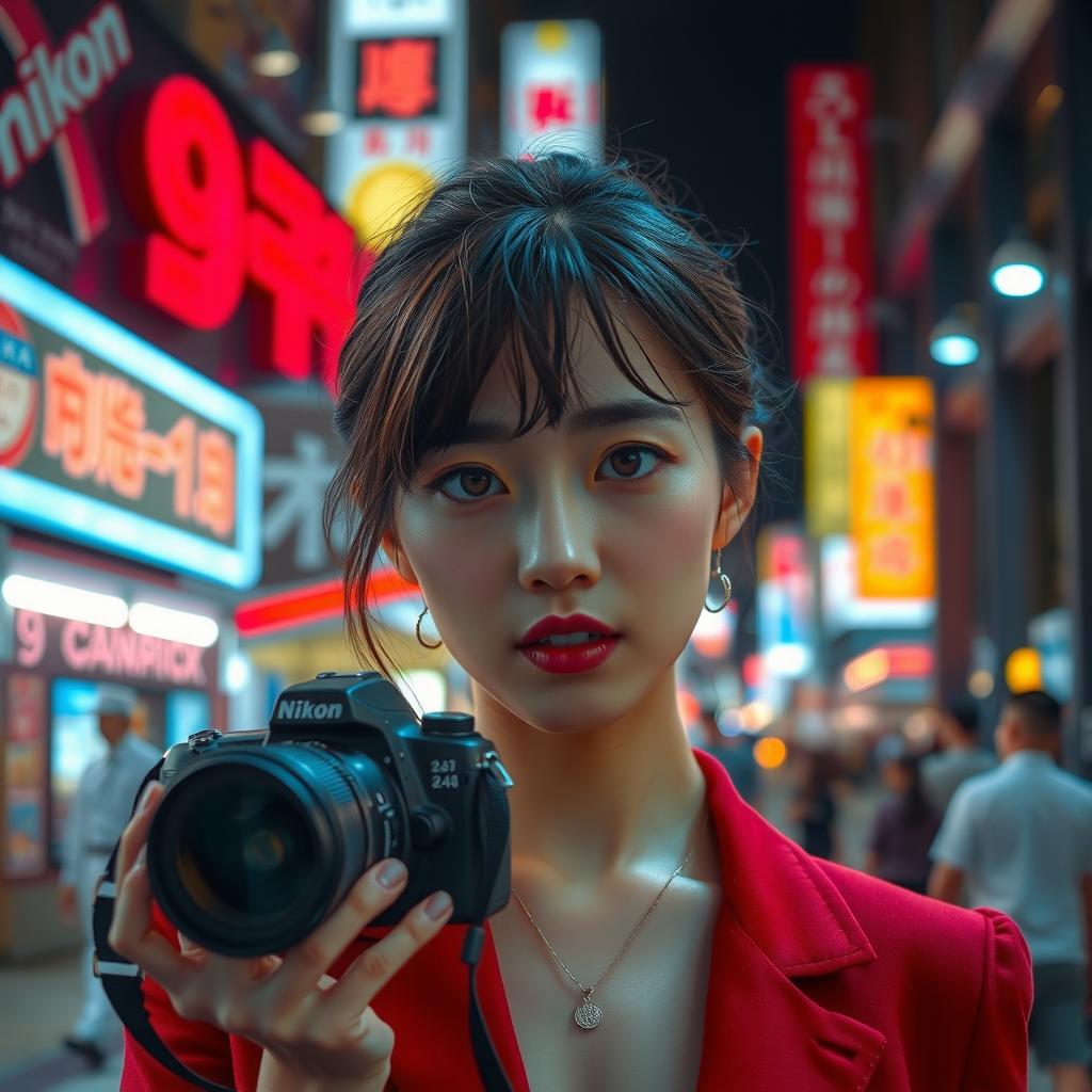 A realistic photograph taken with a Nikon camera of a 24-year-old Japanese woman in an urban setting with neon lights, emphasizing her beauty with professional quality and flattering lighting