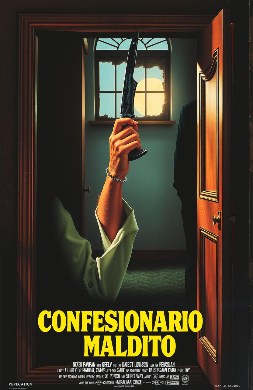 Póster de película de terror española de los años 70, "Confesionario maldito", con un confesionario gótico iluminado por la luz de la luna, una mano esquelética sosteniendo un cuchillo ensangrentado y una atmósfera oscura y aterradora