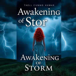 Create a book cover titled 'Awakening of Storm' featuring a woman with long, curly red hair standing on a hill at night