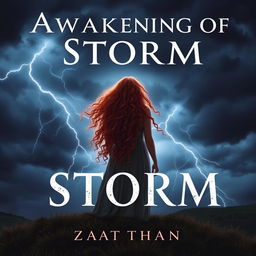 Create a book cover titled 'Awakening of Storm' featuring a woman with long, curly red hair standing on a hill at night