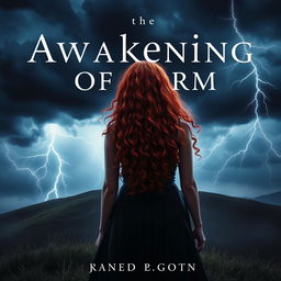 Create a book cover titled 'Awakening of Storm' featuring a woman with long, curly red hair standing on a hill at night