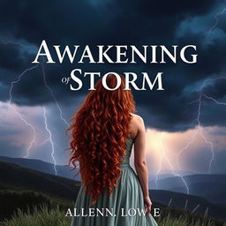 Create a book cover titled 'Awakening of Storm' featuring a woman with long, curly red hair standing on a hill at night