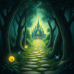 Create a captivating book cover featuring an enchanted forest with a mysterious pathway leading to a glowing castle in the distance