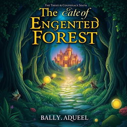 Create a captivating book cover featuring an enchanted forest with a mysterious pathway leading to a glowing castle in the distance