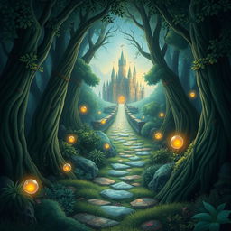 Create a captivating book cover featuring an enchanted forest with a mysterious pathway leading to a glowing castle in the distance