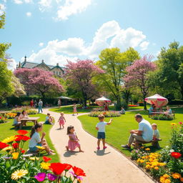 Generate a cheerful and vibrant image suitable for all audiences, featuring a sunny day in a beautiful park with children playing, families having picnics, and colorful flowers blooming