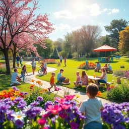 Generate a cheerful and vibrant image suitable for all audiences, featuring a sunny day in a beautiful park with children playing, families having picnics, and colorful flowers blooming