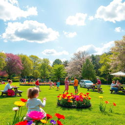 Generate a cheerful and vibrant image suitable for all audiences, featuring a sunny day in a beautiful park with children playing, families having picnics, and colorful flowers blooming