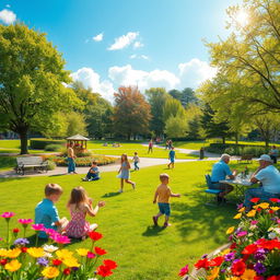 Generate a cheerful and vibrant image suitable for all audiences, featuring a sunny day in a beautiful park with children playing, families having picnics, and colorful flowers blooming