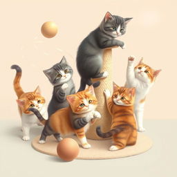 A group of playful cats engaging in various activities such as chasing a ball, climbing a scratching post, and pouncing on each other