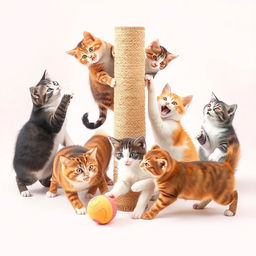 A group of playful cats engaging in various activities such as chasing a ball, climbing a scratching post, and pouncing on each other