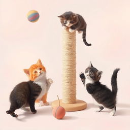 A group of playful cats engaging in various activities such as chasing a ball, climbing a scratching post, and pouncing on each other