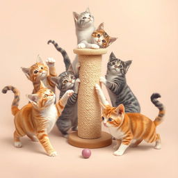 A group of playful cats engaging in various activities such as chasing a ball, climbing a scratching post, and pouncing on each other