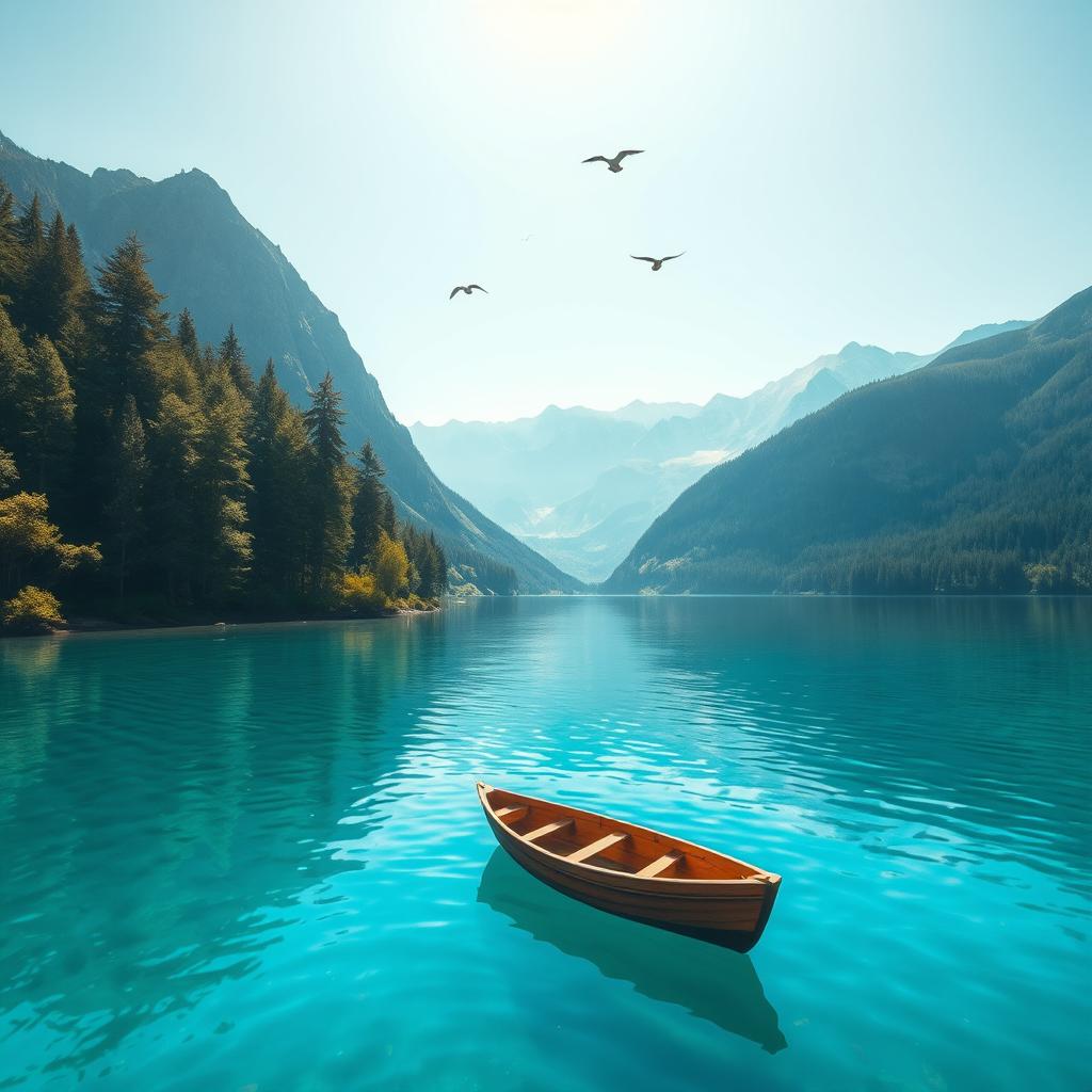 A beautiful, serene landscape featuring a clear blue lake surrounded by lush green trees and mountains in the background under a bright, sunny sky