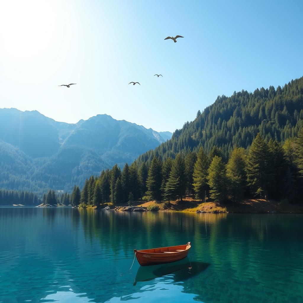 A beautiful, serene landscape featuring a clear blue lake surrounded by lush green trees and mountains in the background under a bright, sunny sky