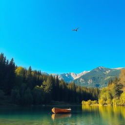 A beautiful, serene landscape featuring a clear blue lake surrounded by lush green trees and mountains in the background under a bright, sunny sky