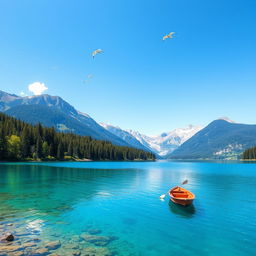 A beautiful, serene landscape featuring a clear blue lake surrounded by lush green trees and mountains in the background under a bright, sunny sky