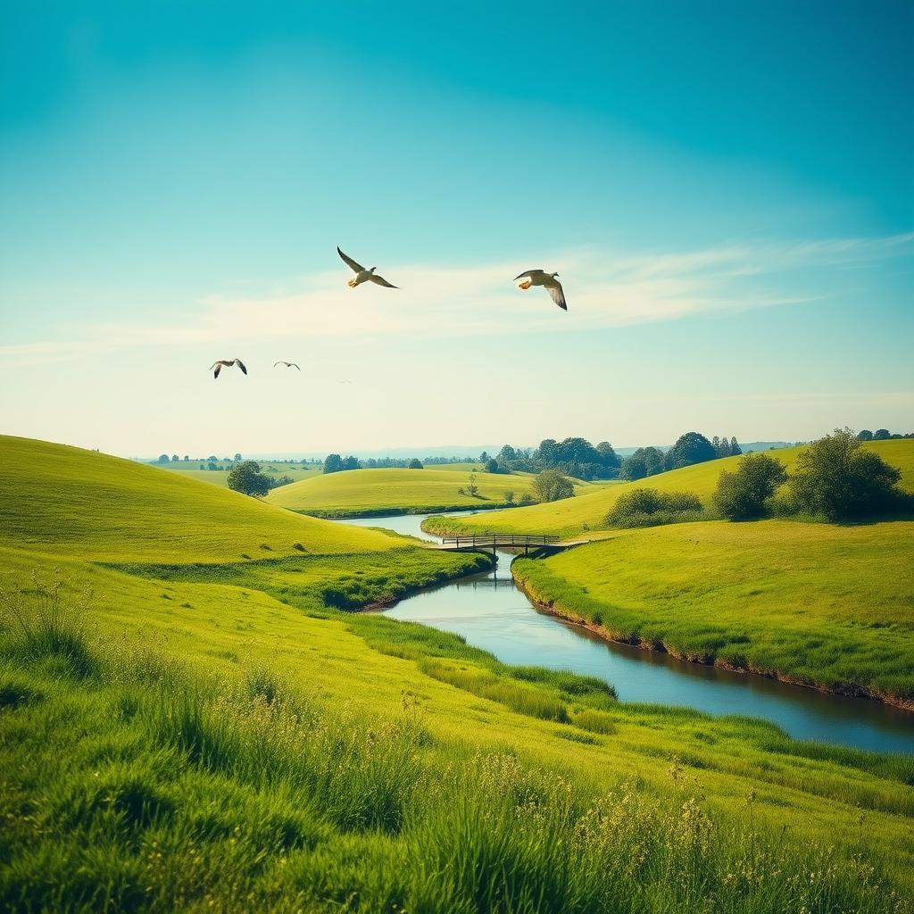 A serene landscape with a clear blue sky, lush green meadows, and a calm river flowing through