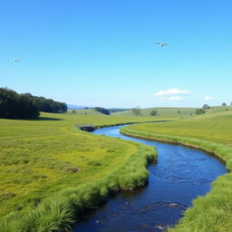 A serene landscape with a clear blue sky, lush green meadows, and a calm river flowing through