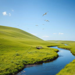 A serene landscape with a clear blue sky, lush green meadows, and a calm river flowing through